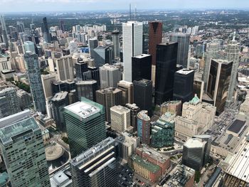 High angle view of modern buildings in city