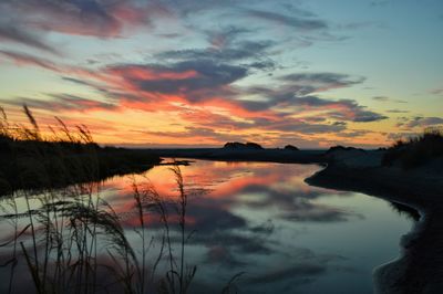 Scenic view of lake against sky during sunset