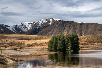 Scenic view of lake tekapo east bank. beautiful view driving along the lilybank road in lake tekapo.