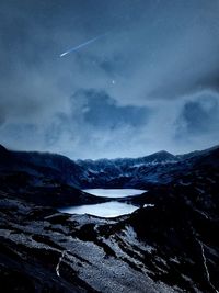 Scenic view of snowcapped mountains against sky at night