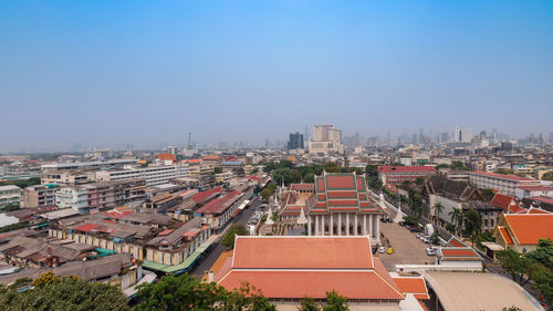 High angle view of townscape against clear sky