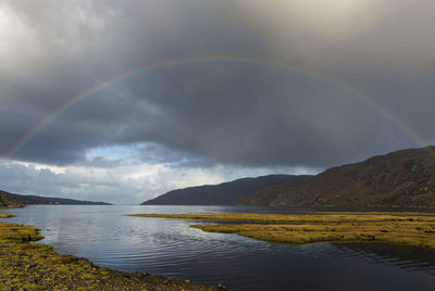 Scenic view of rainbow over lake against sky