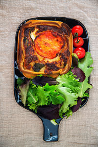 High angle view of meal served on table