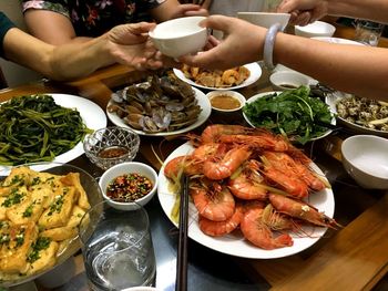 High angle view of food served on table