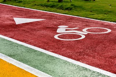 High angle view of bicycle lane on sports track