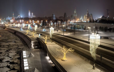 High angle view of city at night