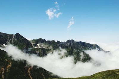 Scenic view of mountain range against cloudy sky