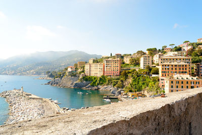 Landscape view of the city and seafront of camogli in the mediterranean coast of liguria in italy