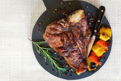 High angle view of food on barbecue grill