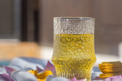 Close-up of beer glass on table