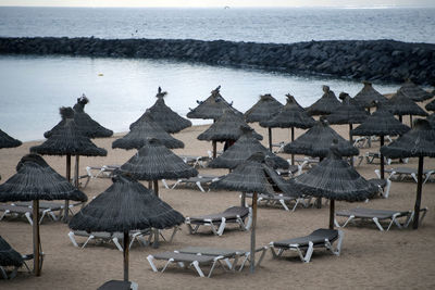 High angle view of parasols on beach