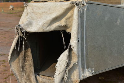 Close-up of clothes drying against building