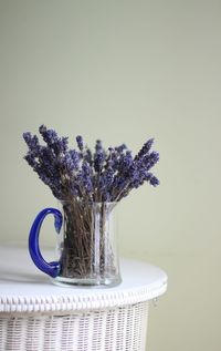 Close-up of purple flower in jar on table against wall