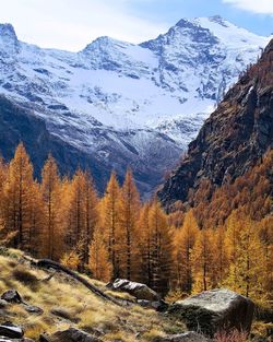 Scenic view of snowcapped mountains against sky