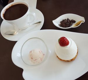 High angle view of coffee served on table