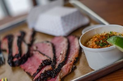 Close-up of food served on table