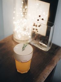 Close-up of beer glass on table