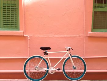 Bicycle parked against building