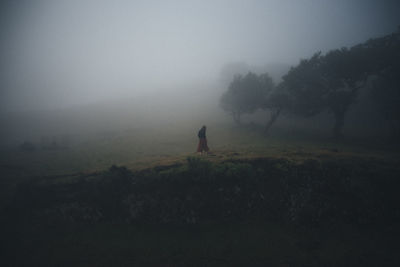 Woman walking on field by trees against sky during foggy weather