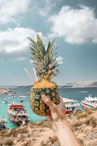 Man holding fruit by sea against sky