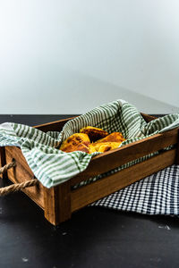 High angle view of food on table against wall