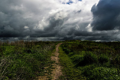 Scenic view of field against cloudy sky