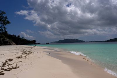 Scenic view of beach against dramatic sky