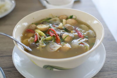 High angle view of soup in bowl on table