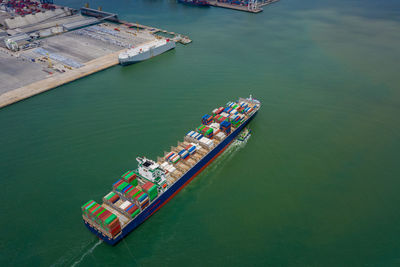 High angle view of ship in sea