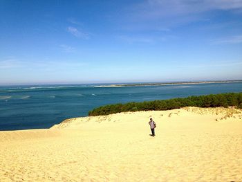 Scenic view of beach against blue sky