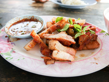 High angle view of seafood in plate on table