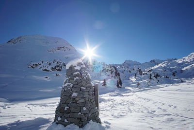 Scenic view of snow covered mountain against sky