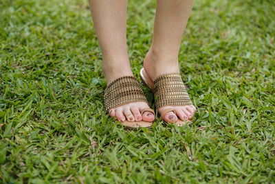 Low section of woman wearing sandal while standing on grass