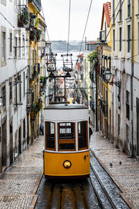 Cable car on railroad tracks amidst buildings in city