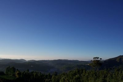 Scenic view of mountains against clear blue sky