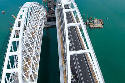 High angle view of ship moored at sea