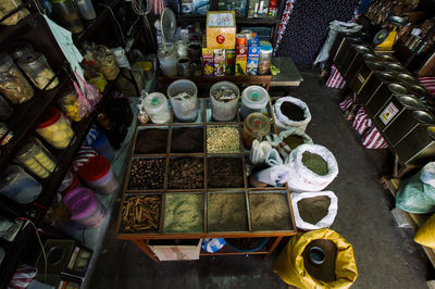 High angle view of food for sale at market stall