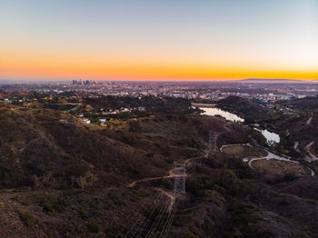 High angle view of landscape against sky during sunset