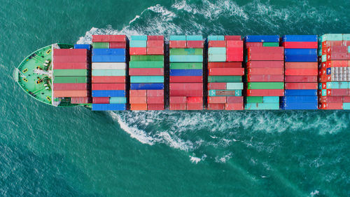 Aerial view of container ship on sea