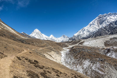 Scenic view of snowcapped mountains against blue sky