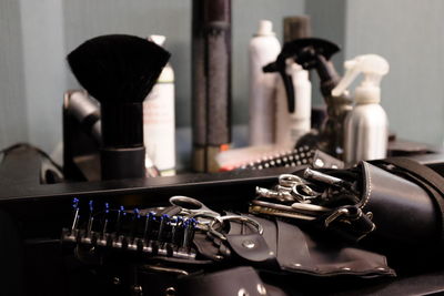 Close-up of hair salon equipment