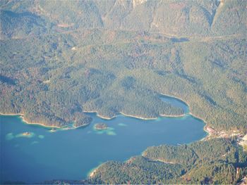 High angle view of sea and land