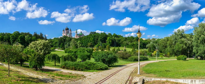 Feofaniia park and the cathedral of st. panteleimon in kyiv, ukraine, on a sunny summer day