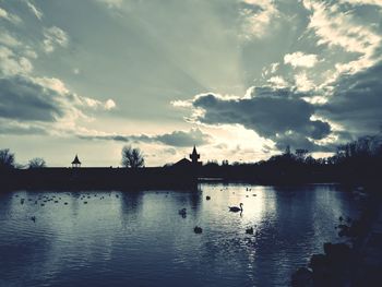 Silhouette swans swimming in lake against sky during sunset