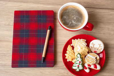 High angle view of coffee on table