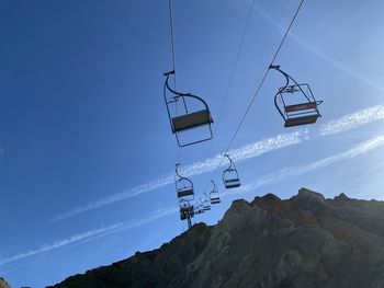 Low angle view of overhead cable car against sky