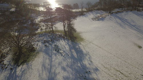 High angle view of snow covered land