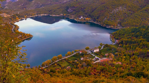 Panoramic view of scanno lake, the most striking feature is, of course, its unique heart shape. 