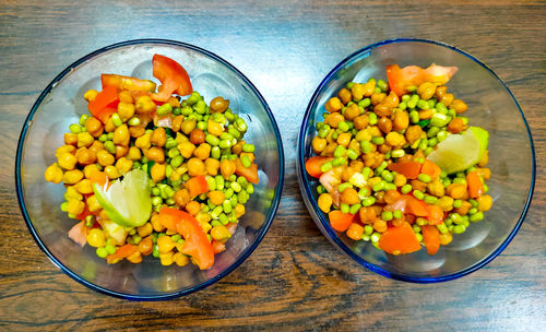 High angle view of fruits in bowl on table