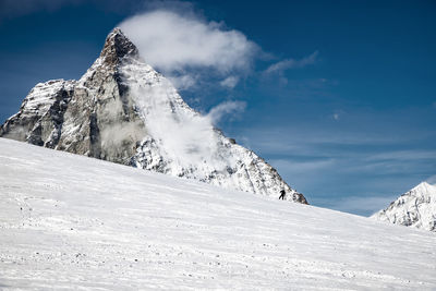 Low angle view of snowcapped mountains against sky